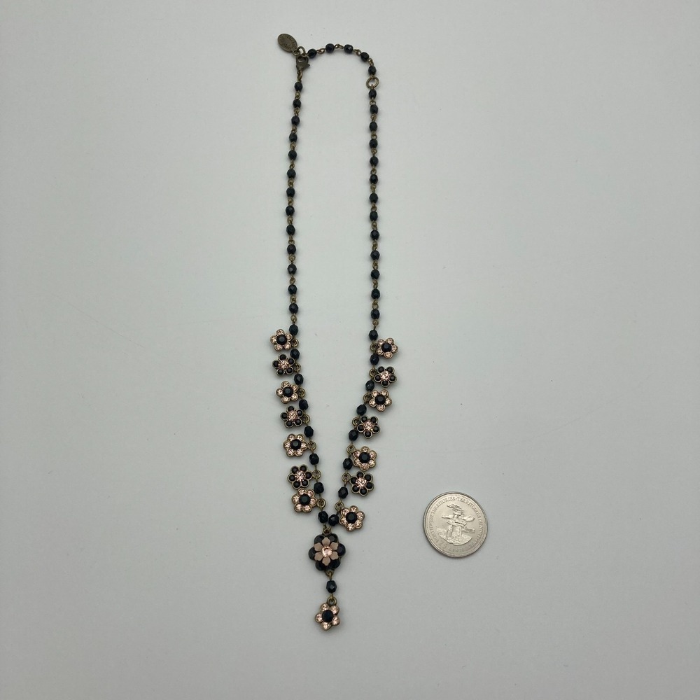 Vtg Michal Negrin Black Pink Beaded Floral Daisy Chain Choker Crystal Accents - Picture 7 of 9